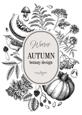 Vintage autumn card design. Thanksgiving background. Fall leaves, pumpkins, berries, mushrooms sketches. Hand-drawn vector illustration. NOT AI generated